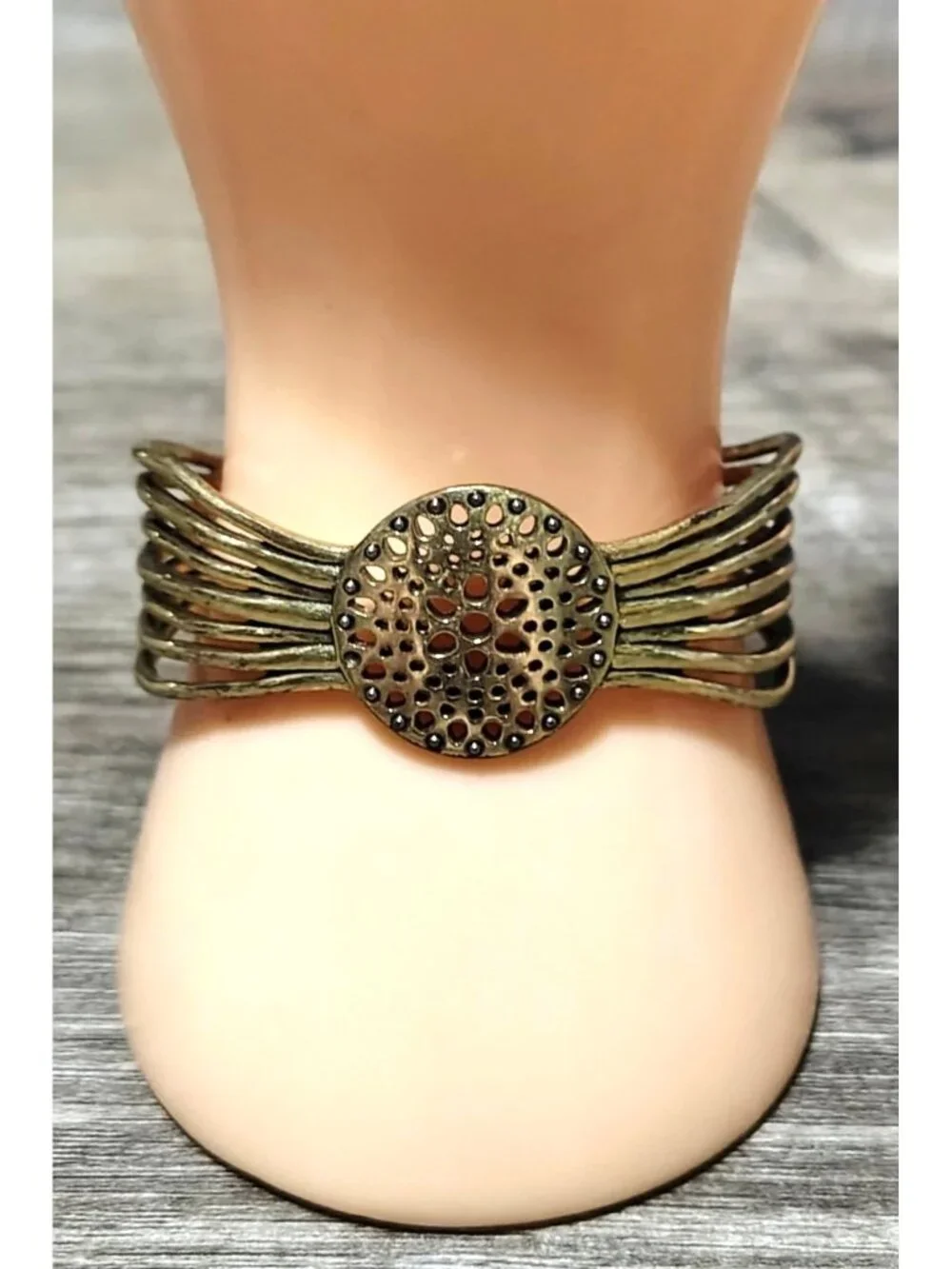 Lucky Brand Antique Gold Brass Tone Cuff Bracelet Medallion Boho Brutalist Style
